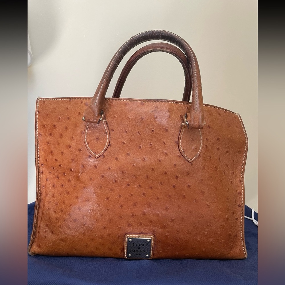 Dooney & Bourke Brown Ostrich Square Shopper Barlow Handbag with Snap Closure
